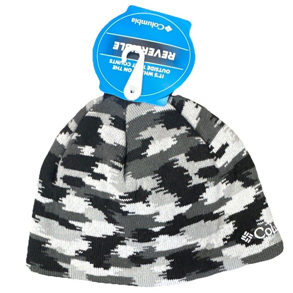 Columbia Reversible Knit Beanie Hat Black Gray Camo Logo Winter NWT S/M Youth